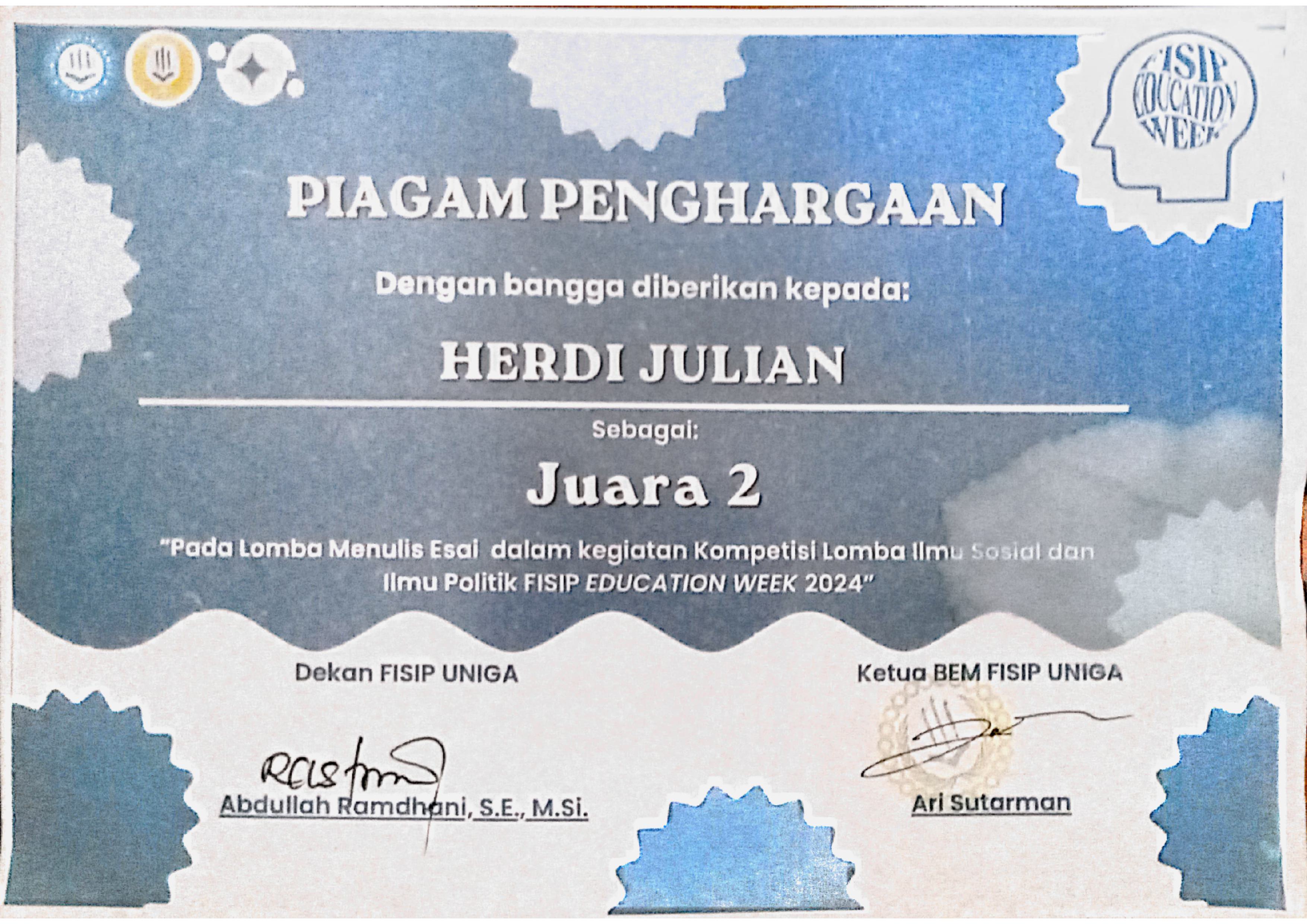 Sertifikat Lomba Menulis Esai